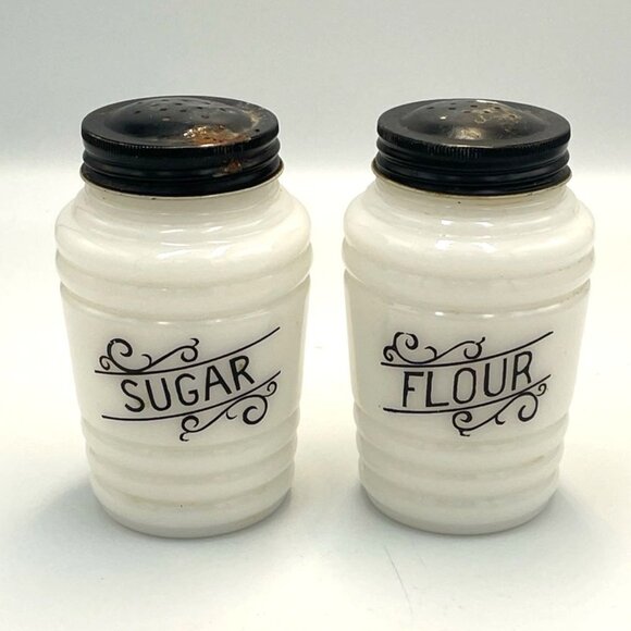 Hazel-Atlas Other - Vintage Hazel Atlas Milk Glass Beehive Sugar Flour Shakers Black & White Retro